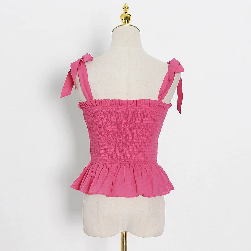 

Sexy Chic Solid Bandage Bow Vest 2021 Summer New Feminino Silm Waist Elasticity Backless Tank Top Sweet Square Collar Camisole