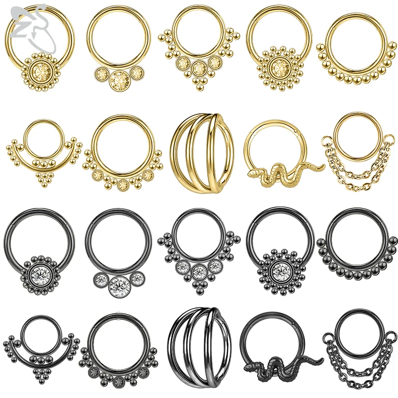 

ZS 16G Stainless Steel Nose Rings for Women Girls Zirconia Septum Piercing Indian Black Gold Plated Ear Helix Clicker Piercings