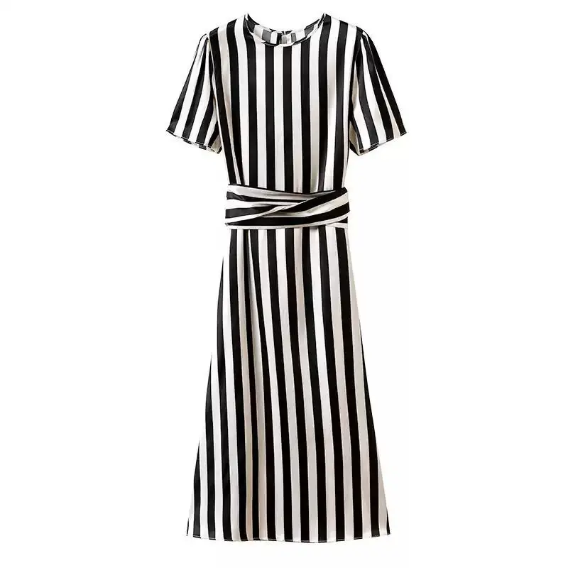 

High End Heavyweight Silk Dress Women's Summer New 2021 Temperament Slim Striped Mulberry Silk A-line Dress