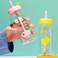 water bottle cute fruit straw creative student couple transparent glass water cup with lids juice drink water cup gift office