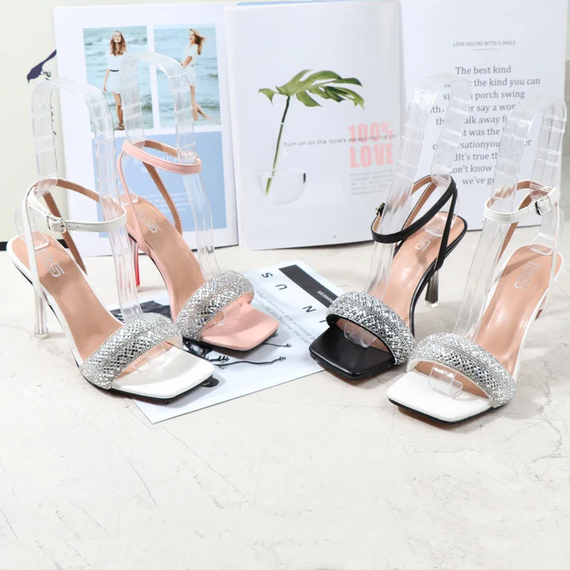 

Summer new stiletto high heels cross strap crystal women's shoes sexy word rhinestone open toe dress all-match large size sandal
