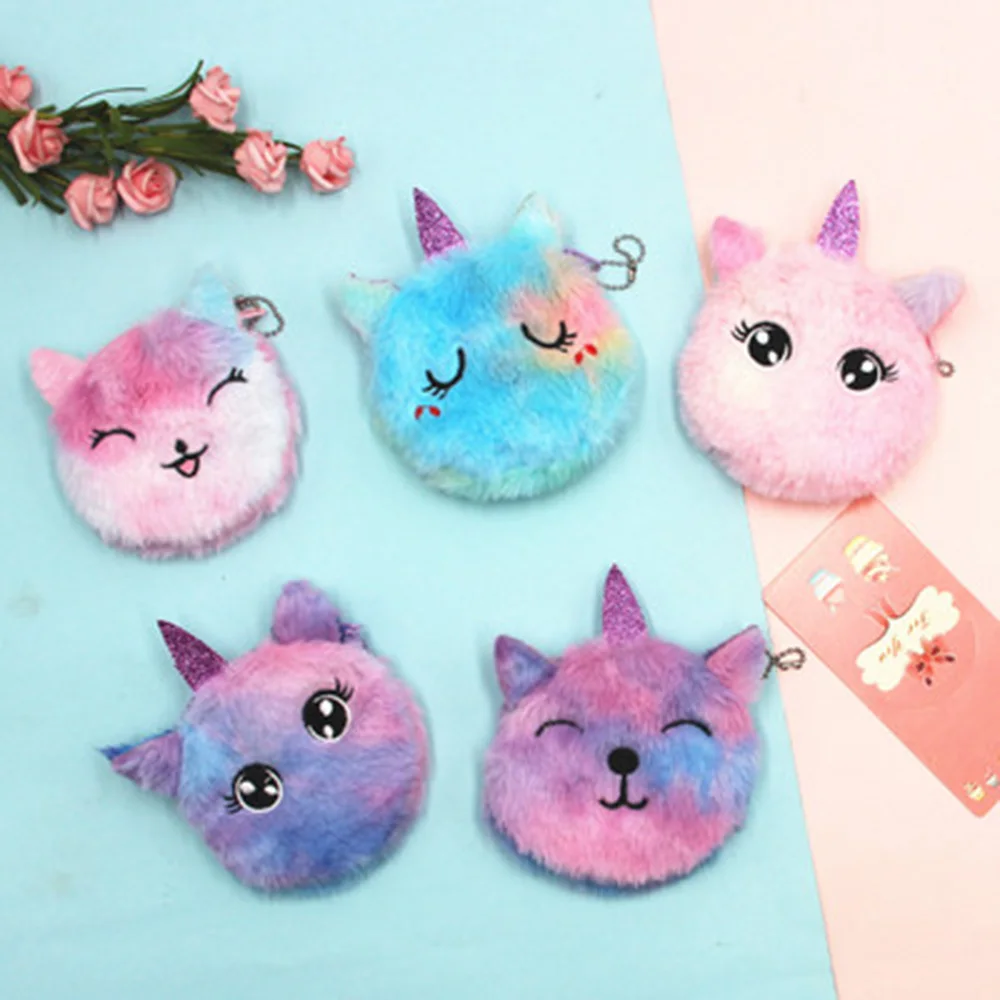 Cartoon Plush Unicorn Coin Purse Cute Cat Fur Circle Wallet Kids Girl Clutch Embroidered Bag Key Earphone Organizer Pouch