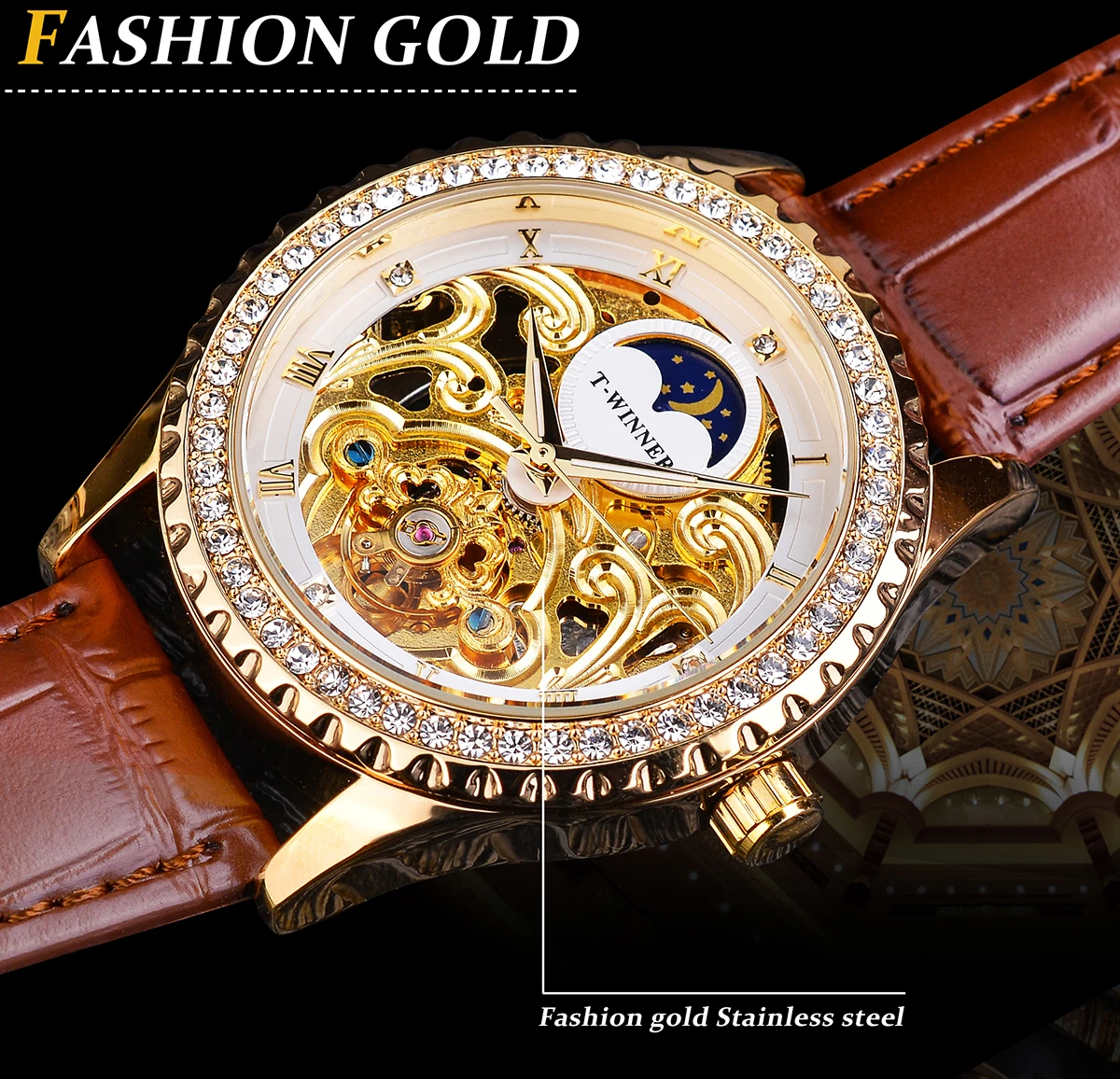 Роскошные мужские наручные часы Winner Tourbillon механические с бриллиантами