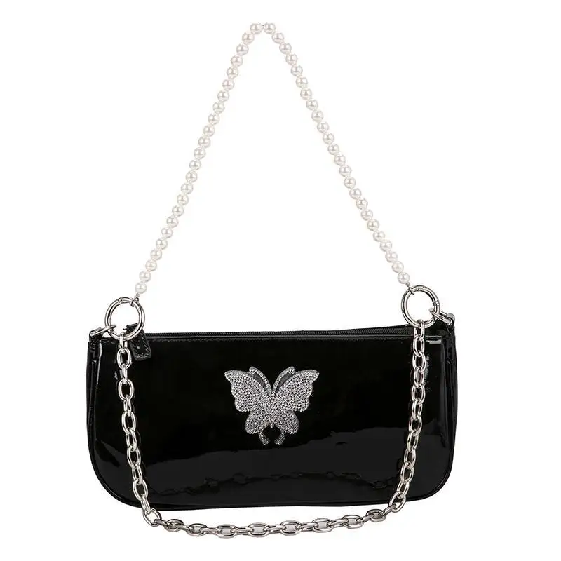 

Ladies Fashion Diamond Butterfly Baguette Handbags Pearl Chain Women Shoulder Messenger Bags Female AII Match Armpit Bag Purses