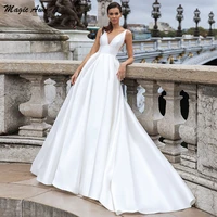 magic awn modest satin wedding dresses boho sheer v neck beaded simple princess bridal gowns a line cheap robe de mariee 2021