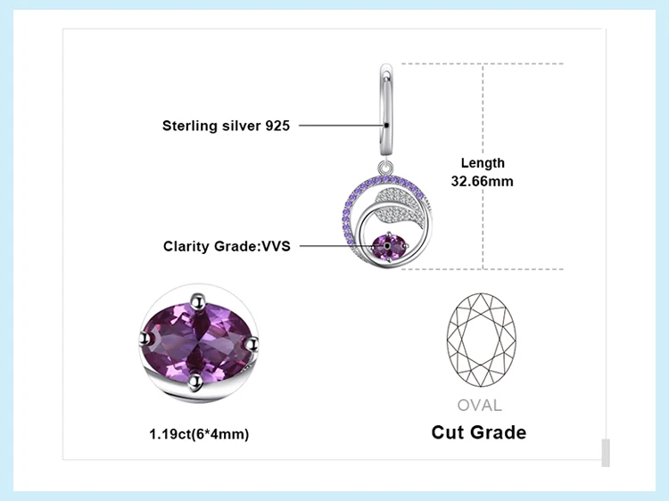 Jewelrypalace листьев 1.7ct создан Александрит Фиолетовый кубического циркония Длинные Висячие серьги 925 серебро хороший подарок для девушки/женщина