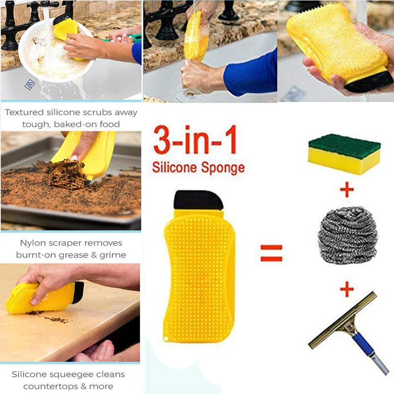 

3 in 1 Multiuse Silicone Sponge Scraper Brush Kitchen Dishes Bath Wash Cleaner Cleaning Brushes
