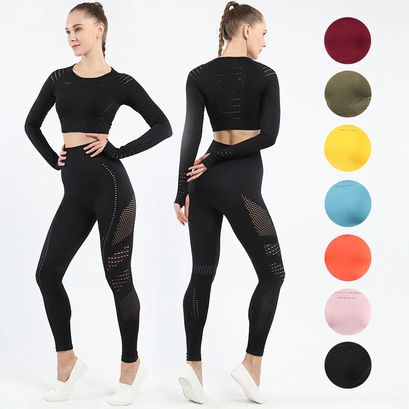 

New Women Sports Suit Seamless Yoga Set Long Sleeve Yoga Shirts Fitness Tracksuit Jogging Sportswear Gym Leggings Workout Sets
