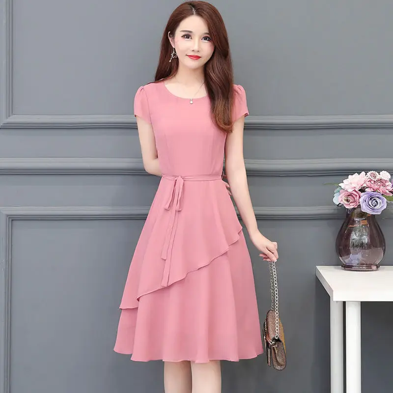 

Elegant Women's Dress For Summer Spring O-Neck Short Sleeve A-Line Women's Dress Ruffles Green Female Clothes SS3431