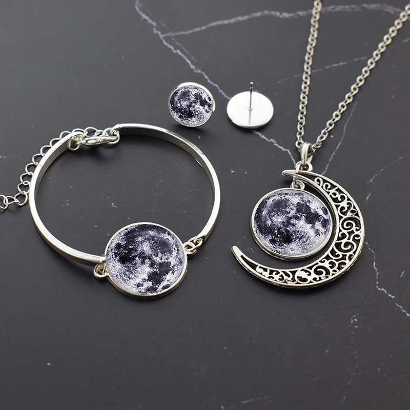 

Planet Jewelry Set Solar System Planet Glass Cabochon Necklace Bracelet Earrings Set Moon Earth Sun Mars Jupiter Jewelry