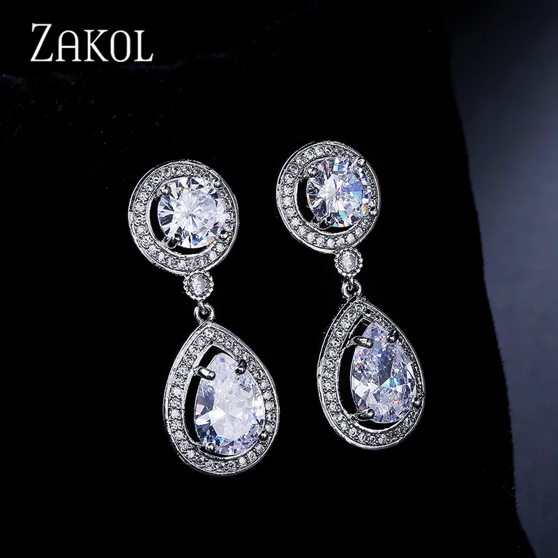 Классические висячие серьги ZAKOL из розового золота и белого кубического циркония