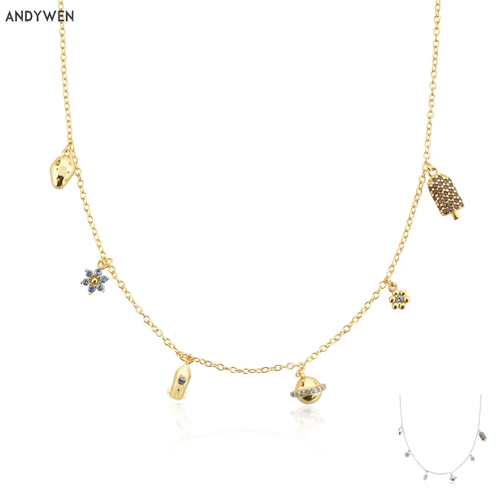 

ANDYWEN 925 Sterling Silver Gold Les Petites Gold Necklace Flower Kids Choker Chain Women Jewelry Fine Crystal Luxury Shiny