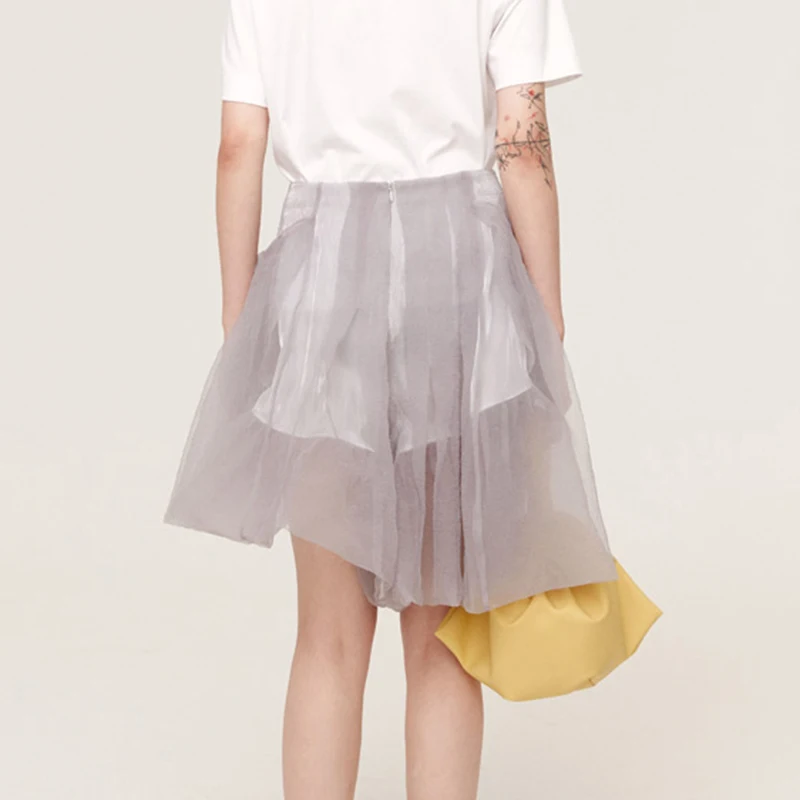 

VGH Casual Gray Patchwork Mesh Skirt For Women High Waist Korean Loose A Line Mini Skirts Female New 2021 Summer Fashion Clothes