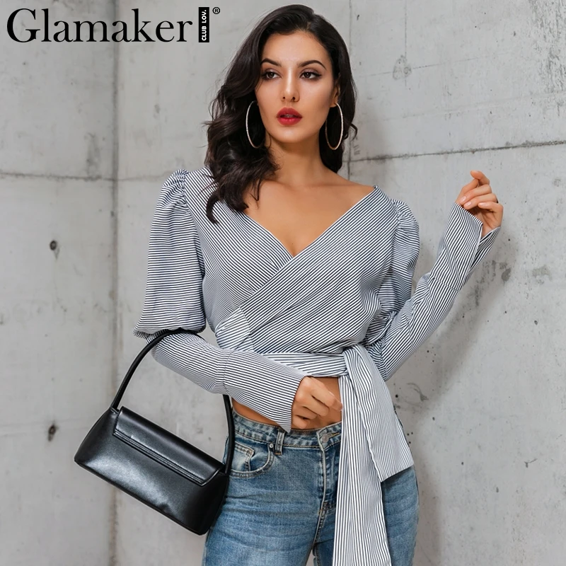 Glamaker Sexy long puff sleeve black blouse shirt Women striped belt crop top Autumn female v neck elegant blusas | Женская одежда