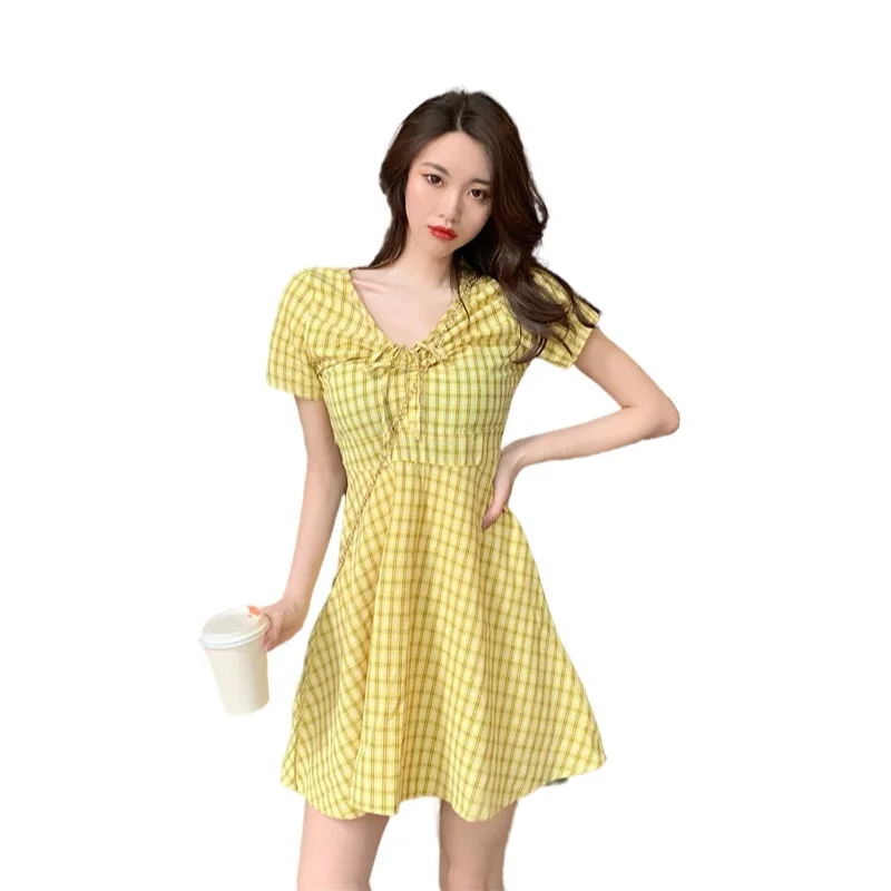 

Fashion Women Short Sleeve Wrap Boho Plaid V-Neck A-Line Bow Mini Dress Ladies Summer Holiday Party Sundress Female Vestidos