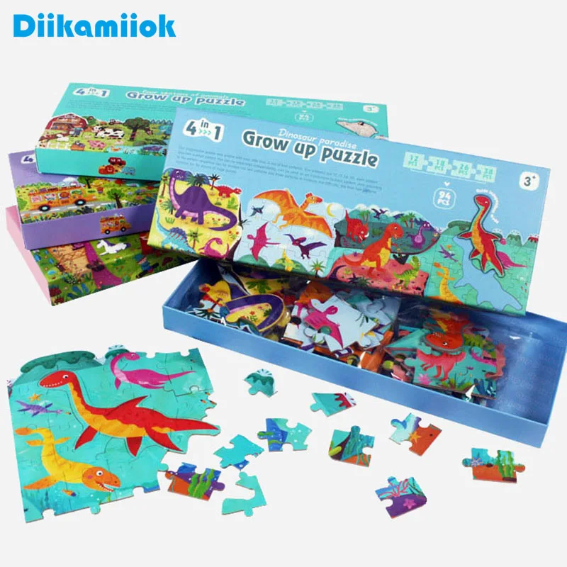 94 шт. четыре в одном ящике деревянные пазлы животные/динозавры игрушки для детей