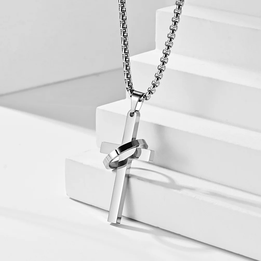 

Cool Neutral Style Personality Hip Hop Trendsetter Stainless Steel Cross Circle Pendant Couple Necklace
