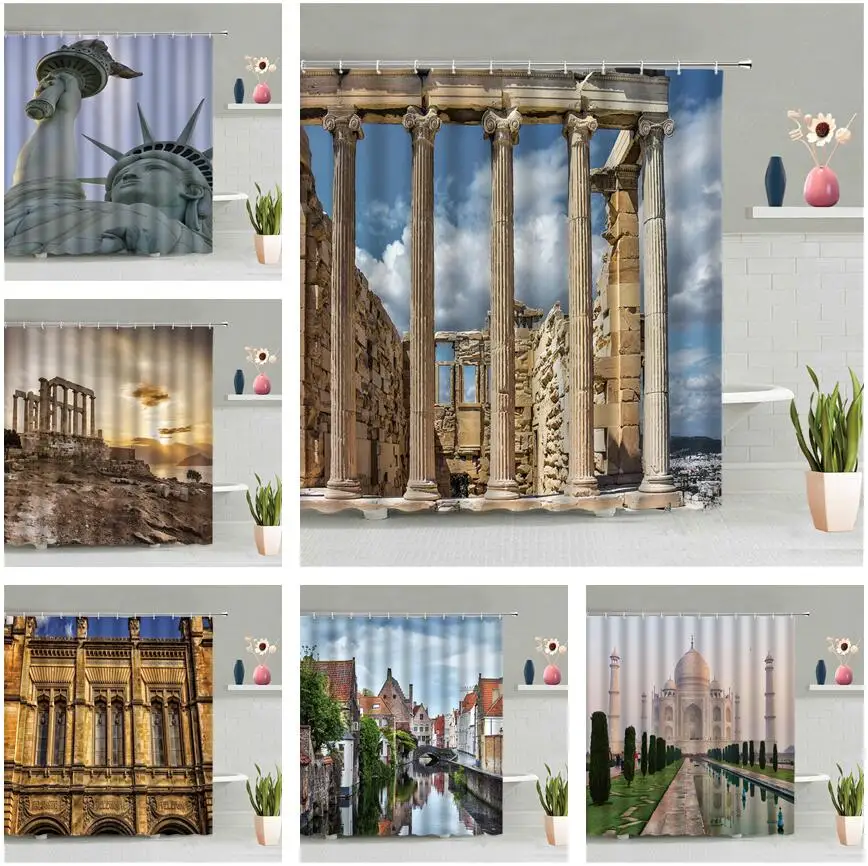 

Retro Architecture House Shower Curtain Goddess Statue Scenery Bathroom Waterproof Wall Hanging Curtains Screen Hook Home Decor