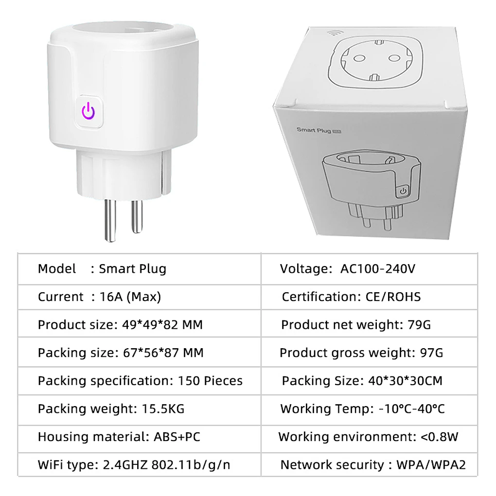Умная розетка 10А WiFi Беспроводное управление Tuya переключатель портативный