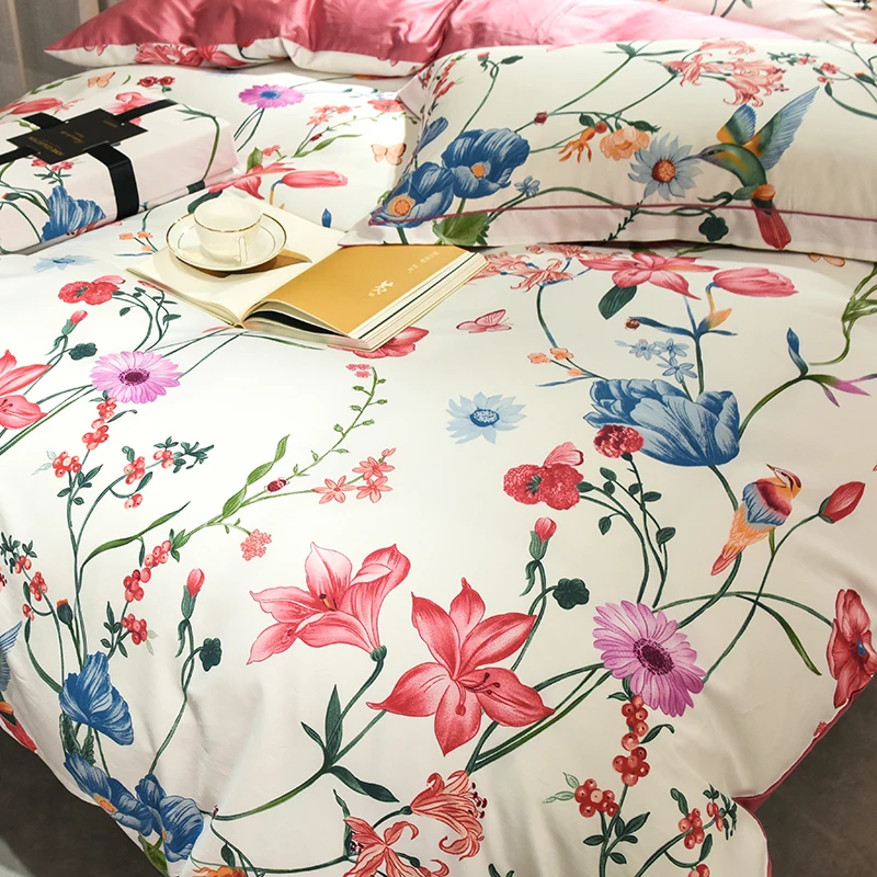 Розовый принт серии 600TC Египетский хлопок Мягкий пододеяльник простыня набор