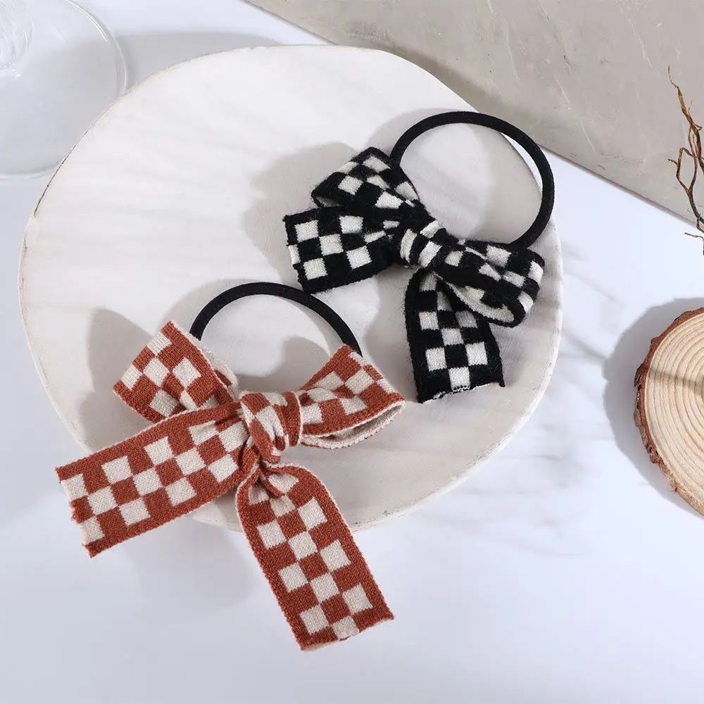 

White Plaid Bownot Lattice Pattern Double Ponytail Elastic Hair Bands Hair Rings Checkerboard Hair Rope Korean Style
