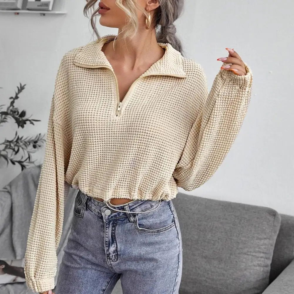 

Spring and Autumn Women's Drawstring Lapel Knit Pullover Shirt Long Sleeve Girls Streetwear Ladies Beige Casual Sweater