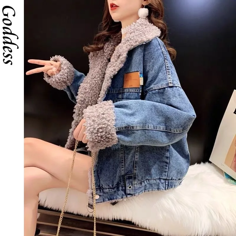 

INS Spring Winter Girls Denim Jacket Plus Size cashmere Autumn Clothes Girl Thick Jean Coat Warm Korea Blouses Sheep Fleece
