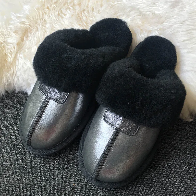Black as pic Тапочки с натуральным овечьим мехом; Модные женские зимние тапочки; женские теплые домашние тапочки наивысшего качества из мягкой шерсти; женская домашняя обувь - Цвет: Black as pic