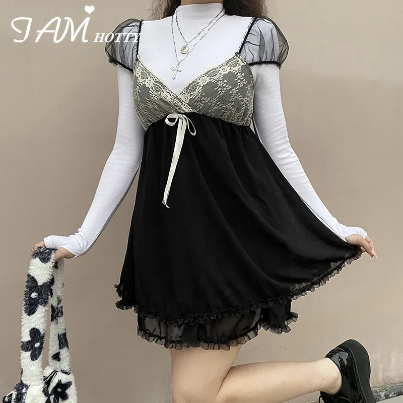 

Милое кружевное шифоновое платье IAMHOTTY Kawaii Y2K с коротким рукавом, винтажные платья темной академии, вечерние праздничные трапециевидные мин...