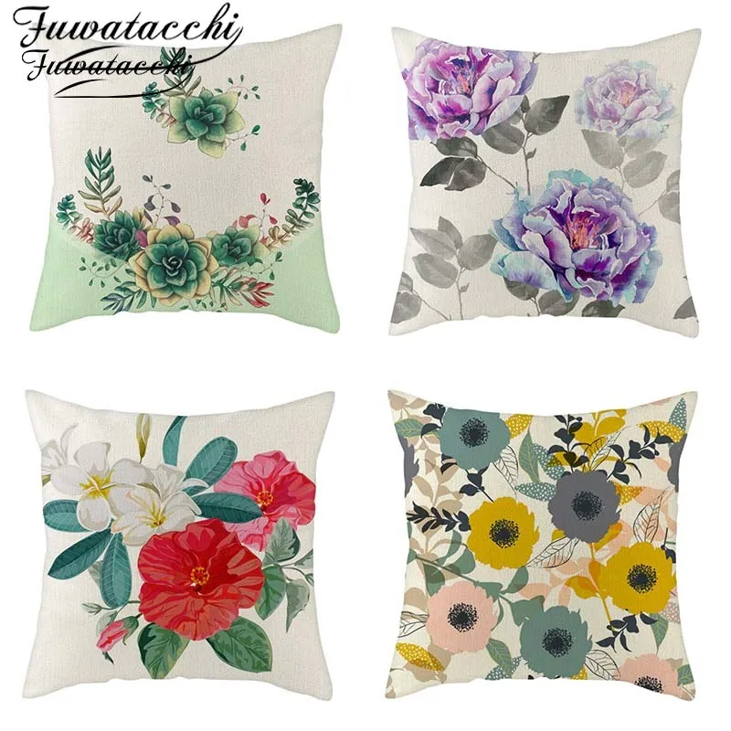 Чехол на подушку из 100% льна Fuwatacchi наволочка с розовыми розами и тюльпаном