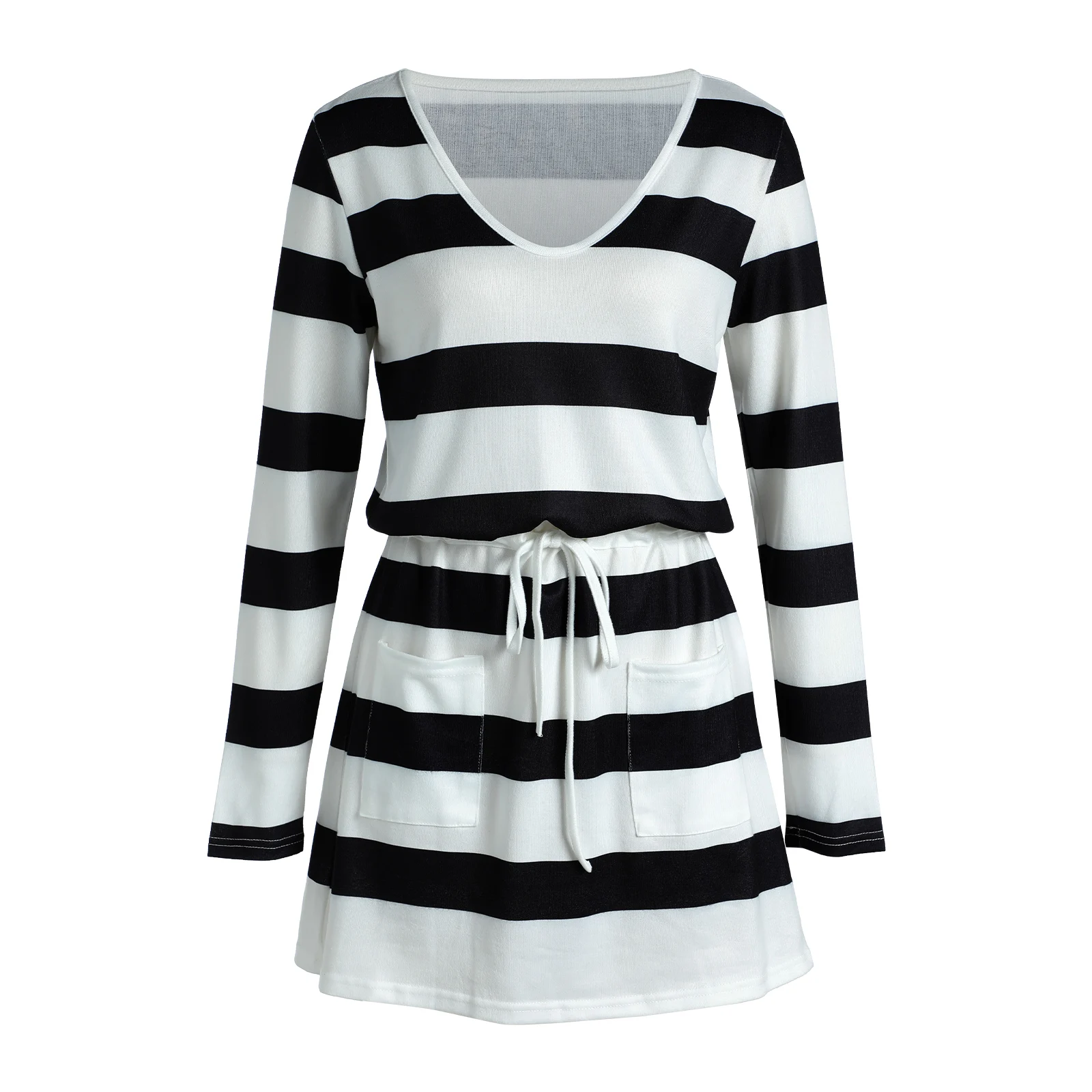 

Women Summer Dress, Stripe V-Neck Long Sleeves Drawstring Waist Casual Skirt with Pockets for Girls, 6 Colors