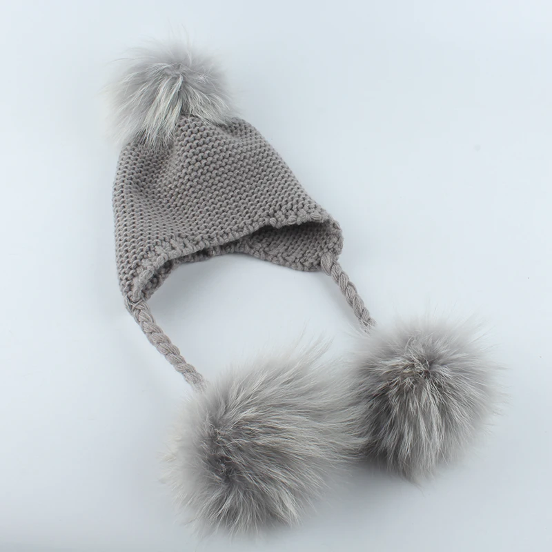 Детская шапка с помпонами теплые вязаные шляпы настоящим мехом для детей зимние