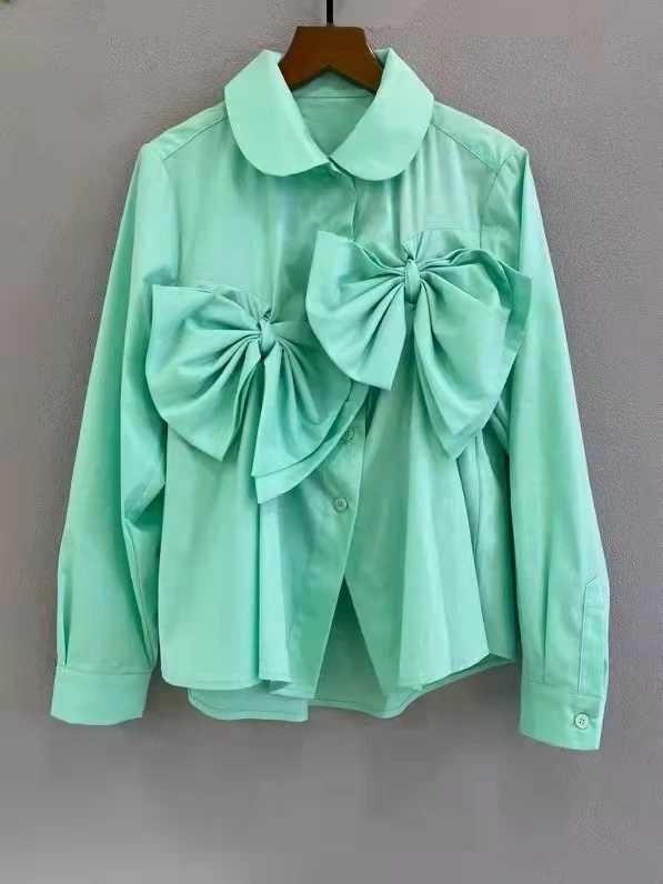 High Quality Cotton Shirts 2022 Spring Summer Blouses Ladies Peter Pan Collar Bow Deco Long Sleeve Green White Black Shirts XL