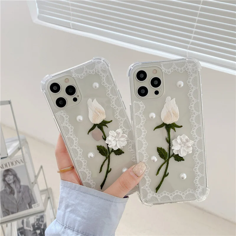 

French Style 3D Pearl Rose Phone Case For iPhone 12 Mini 11 Pro Max X XR XS SE 2020 7 8 Plus Soft Silicone Back Cover