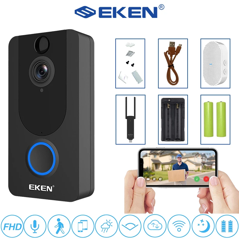 Умный Видеозвонок EKEN V7 1080P FHD с Wi Fi видеодомофон ночным видением IP звонок