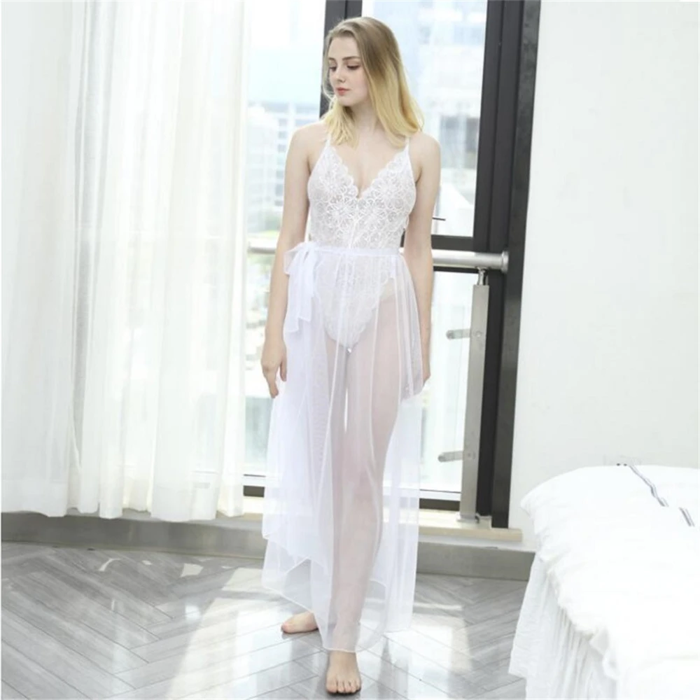 

Women's Sexy Lace Perspective Temptation Lightweight Long Skirt Low-Cut Bowknot Suspender Dress Belt Mesh Gauze Sexy Nightdress