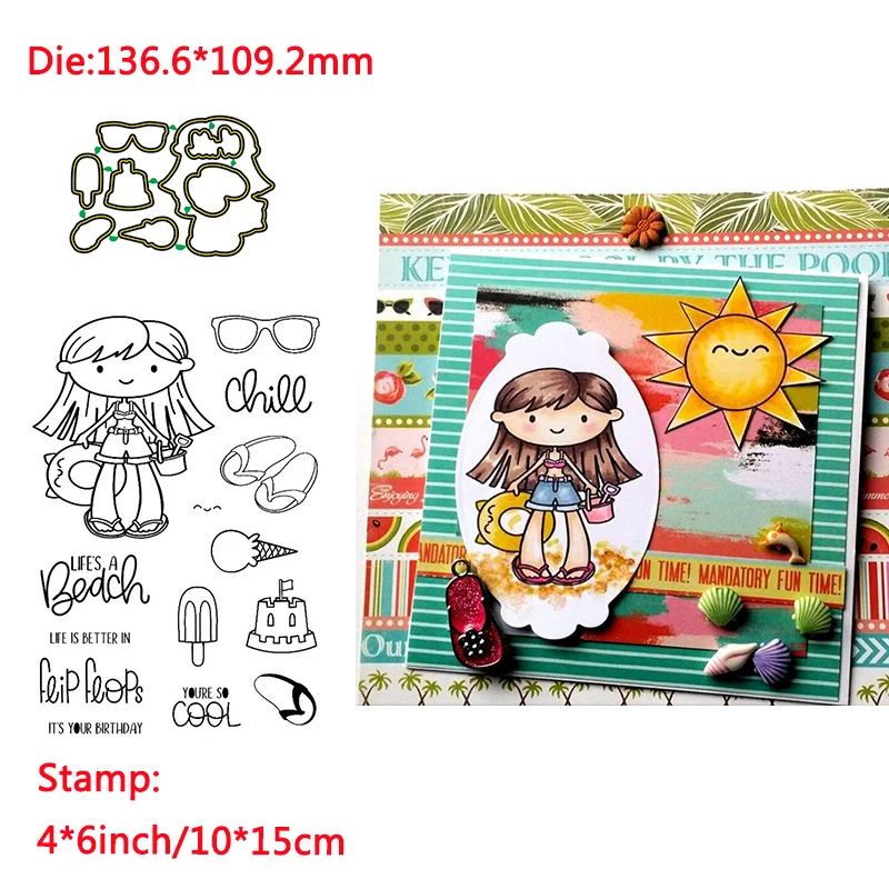 

A Cool Beach Girl Flip Flop Sunglasses Words Transparent Clear Stamps Matchable Cutting Dies For DIY Scrapbooking Cards Crafts