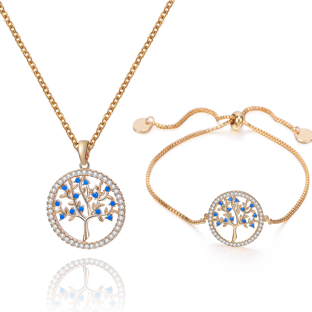 

Small Round Tree of Life Fashion Jewelry Sets for Women Blue CZ Choker Necklace Adjustable Bracelet Engagement Jewelry Gift 2019