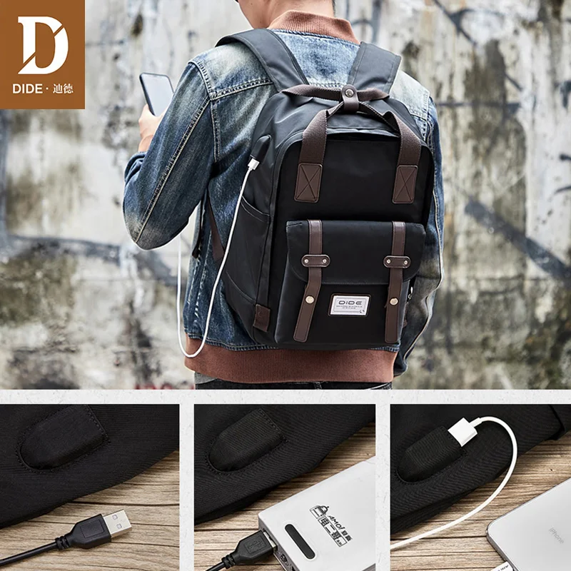 Рюкзак DIDE мужской из экокожи Модный повседневный черный ранец с USB зарядкой сумка