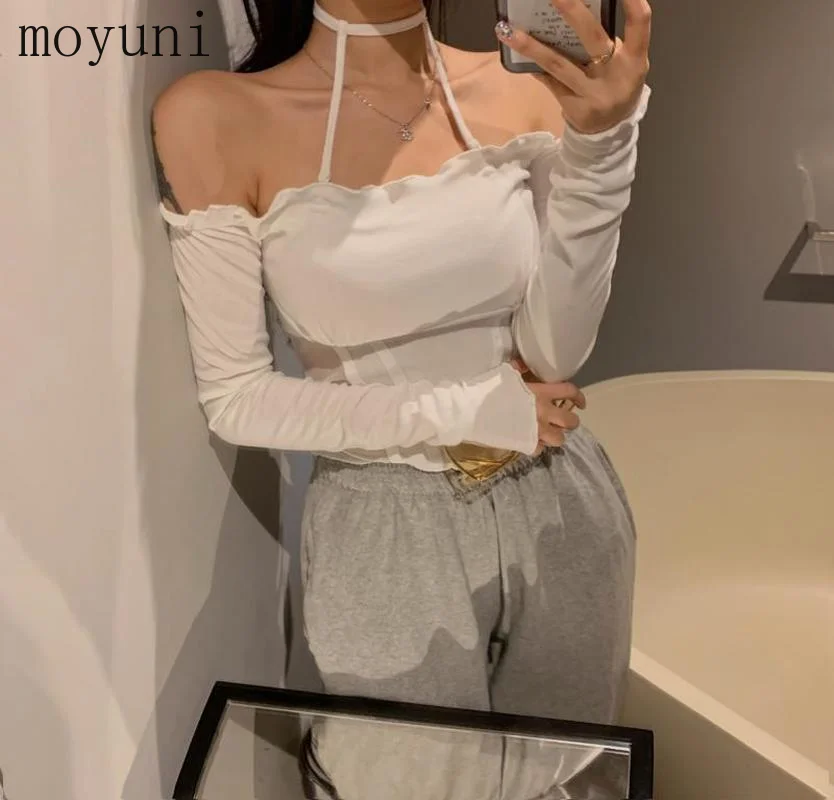 

2021 Spring/Summer Internet Celebrity Female Anchor Clothes Sexy Off-Neck Halter Top Short Navel T-shirt Korean Fashion Style
