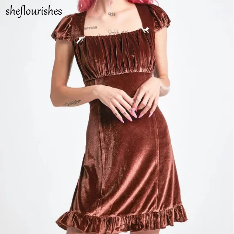 

Платье-трапеция женское с коротким рукавом, милое винтажное бархатное мини-платье с квадратным вырезом и оборками, черный и коричневый цвет...