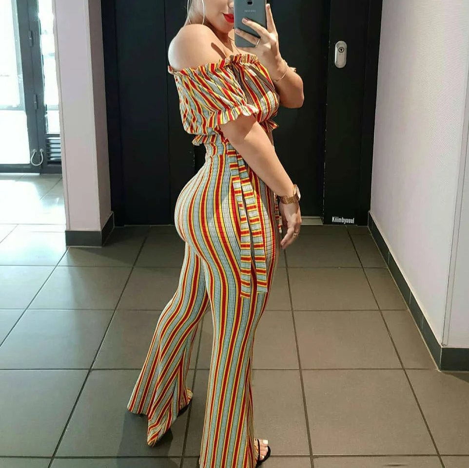 2020 Summer Women Two Piece Sets Short Tops Long Flare Pants Slash Neck Orange Striped High Waist Ladies Street Clothes Set | Женская