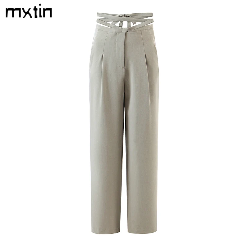 

MXTIN 2021 Women Summer Vintage Solid Bow Tie Sashes Pants Fashion Zipper Fly Back Pockets Office Lady Female Ankle Trousers
