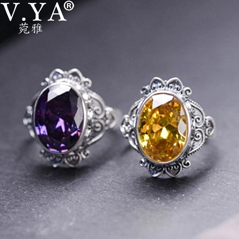 

V.YA 925 Sterling Silver Jewelry Inlaid Synthetic Zircon Open Ring Index Finger Matching Wedding Rings for Couples Fine Gifts