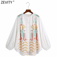 zevity women vintage position totem floral print loose shirts female lantern sleeve court blouse roupas chic chemise tops ls9579