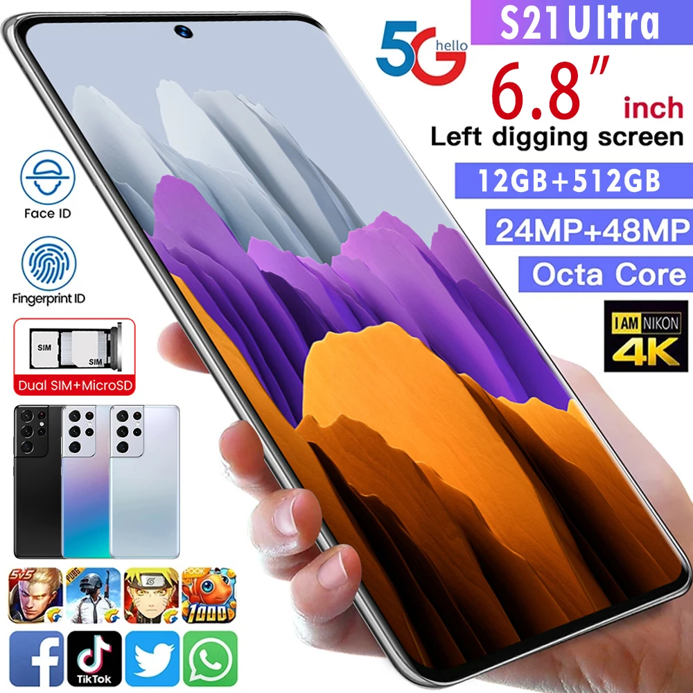 

Global Version 6.8Inch S21 Ultra Smartphone 12GB+512GB Android 10 Core 5G 6800mah 24MP+48MP MTK6899 Unlocked Telephone Celulares