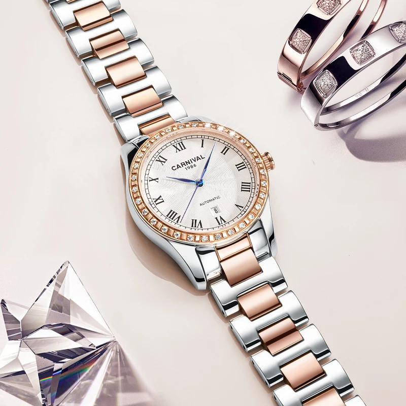 Carnival Luxury Brand Watch Women Automatic Mechanical Watches Ladies Fashion Diamond Sapphire Crystal Waterproof Auto Date 8051 enlarge