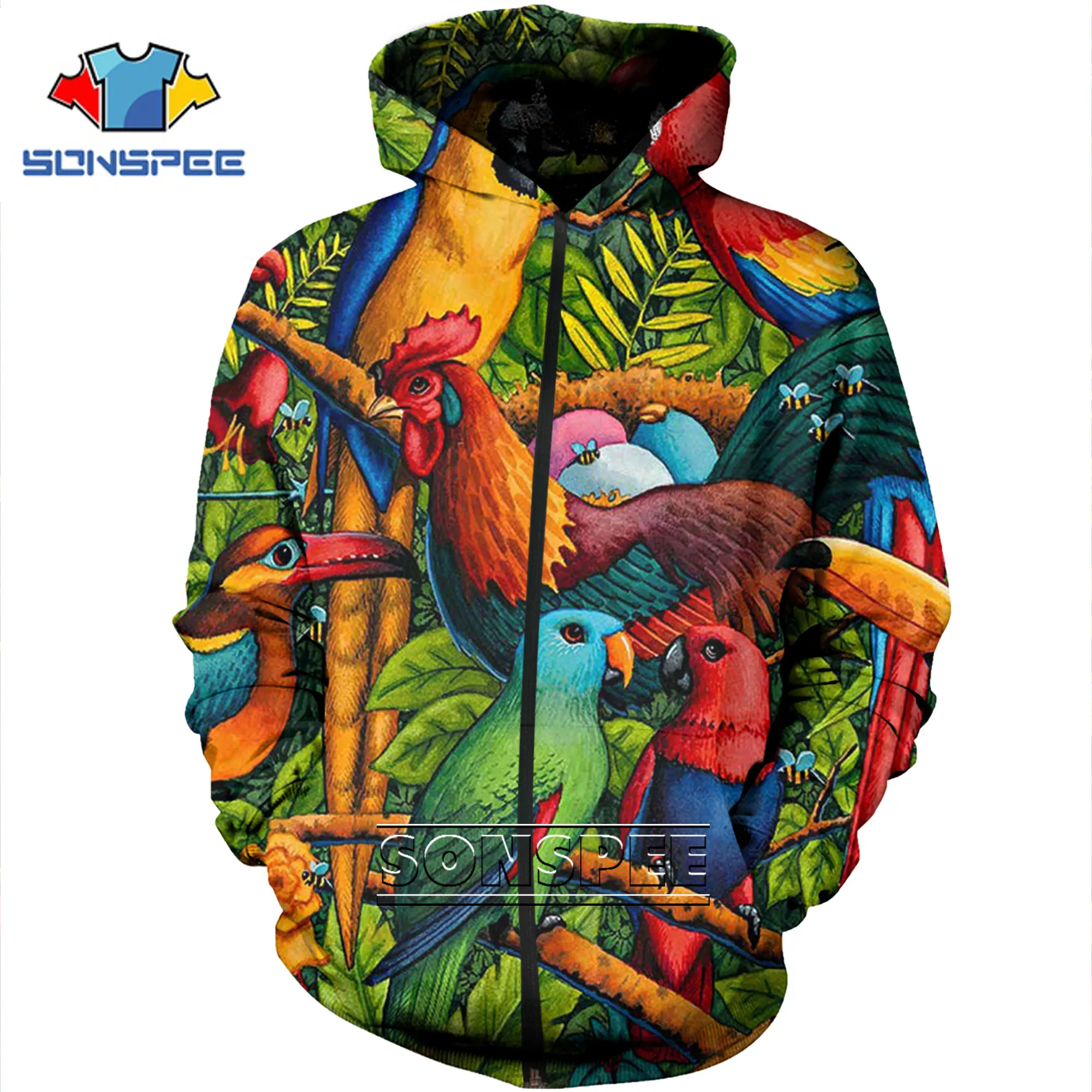 

3D Print Men's Zipper Hoodies Colorful Brid Parrot Women Youth Casual Harajuku Hoody Cool Wild Jungle Design Coat Men's Clothing