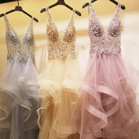 new fashion 2020 evening dresses long sexy v neck delicate beaded formal gown ruffles skirt tulle evening gown robe de soiree
