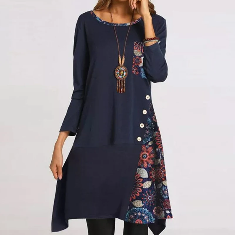 

2021 Spring O Neck Button Patchwork Party Dress Women Floral Print Vintage Irregular Dress Sexy Long Sleeve Autumn A-Line Dress